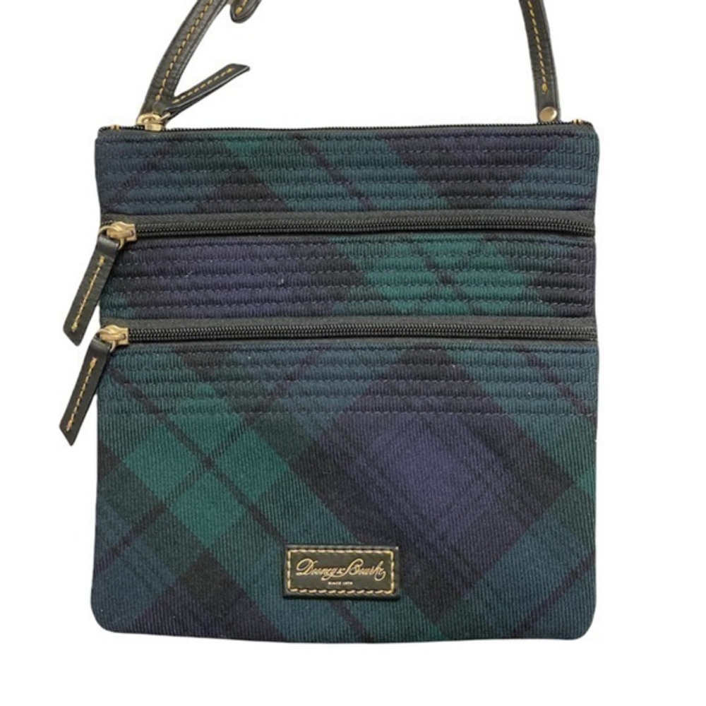 Dooney & Bourke green bluel plaid wool black leather crossbody bag